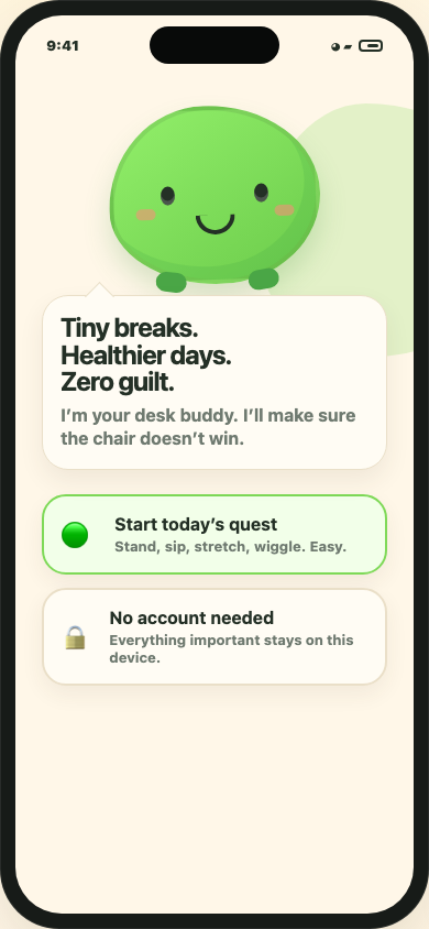 Wiggle Well onboarding screen showing tiny breaks, healthier days, and zero guilt.